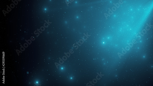 Abstract background of sparkling floating blue dust particles and rays of light on an isolated black background. 3d illustration of dynamic wind particles in the air with bokeh