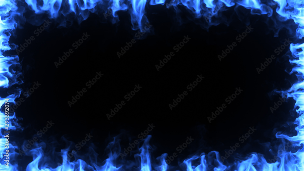 Blue magic fire burns in slow motion. Fiery frame around the screen on a black isolated background. 3d illustration Blue magic fire burns in slow motion. Fiery frame around the screen on a black isolated background. 3d illustration