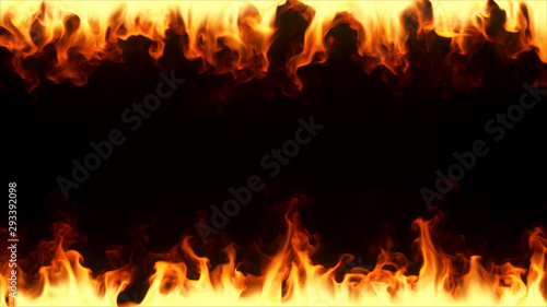 Fire burning in slow motion. A fiery frame surrounding the screen on black isolated background. 3d illustration
