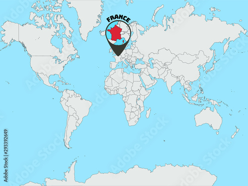 France Silhouette on Global world map with all continents europe, africa, asia, america, geolocation and contour. original colors and proportion. Vector illustration, countries set.