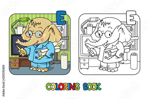 Elephant engineer ABC coloring book. Alphabet E © passengerz
