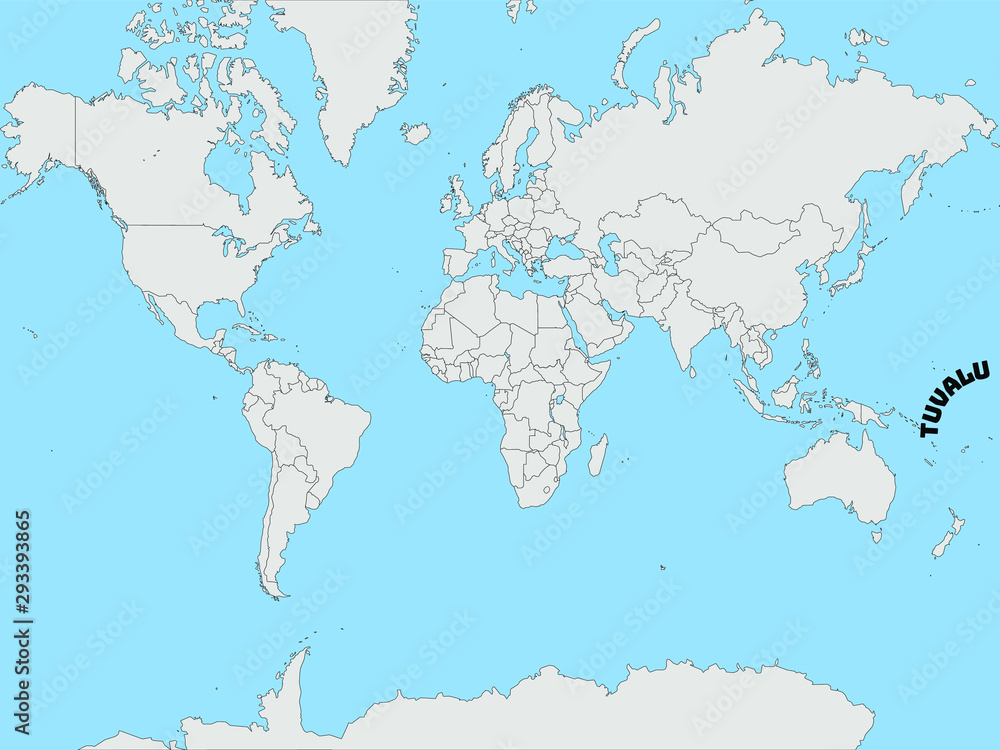 Fototapeta premium Tuvalu Silhouette on Global world map with all continents europe, africa, asia, america, geolocation and contour. original colors and proportion. Vector illustration eps10, from countries set.