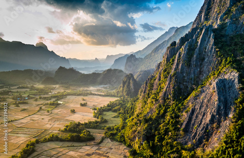 Beautiful sunset on the mountains in laos photo