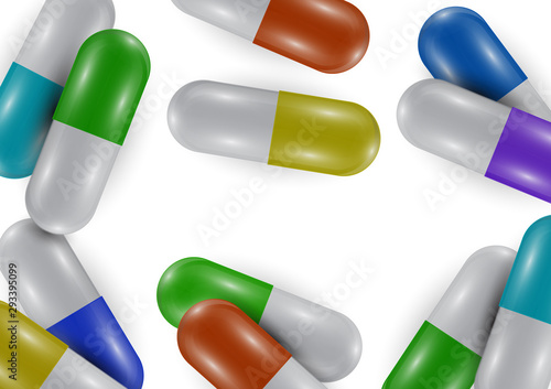 Background with bright pills, capsules. Vitamin pills for good health and antibiotics. Poster banner for website. Pharmacy, painkiller capsules and medications.