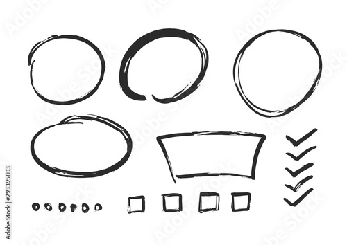 Hand drawn vector different circles and squares isolated on white.