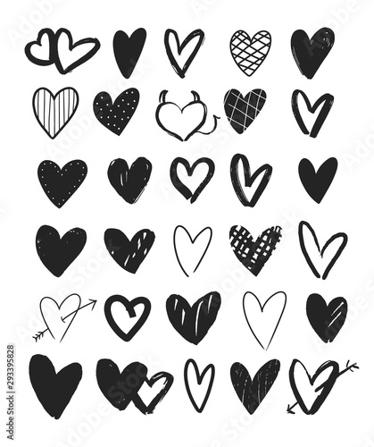 Set of 30 hand drawn vector simple hearts. Decorative design elements for Valentine's y card, poster, ect.