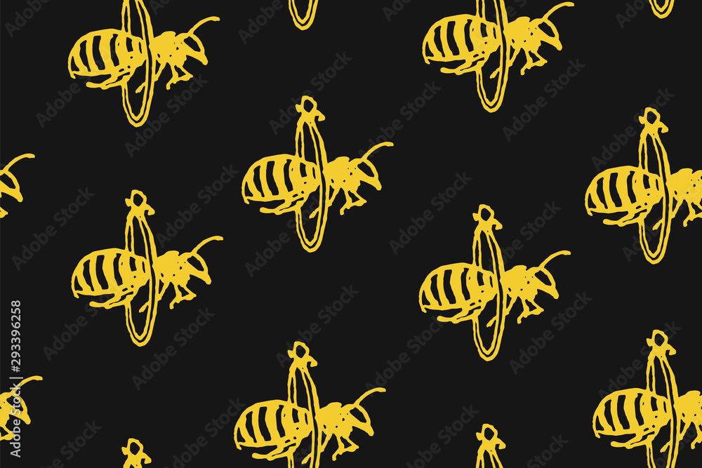Seamless texture with Ink drawn bees flying through the ring. Hand made illustration.