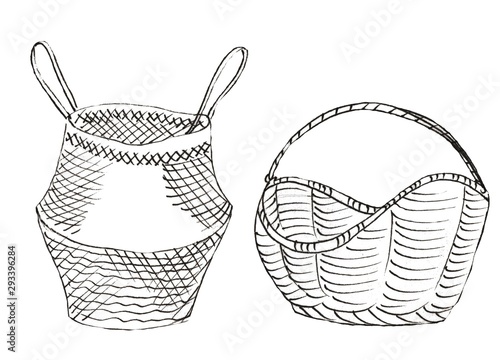2 wicker old baskets in white and black colors