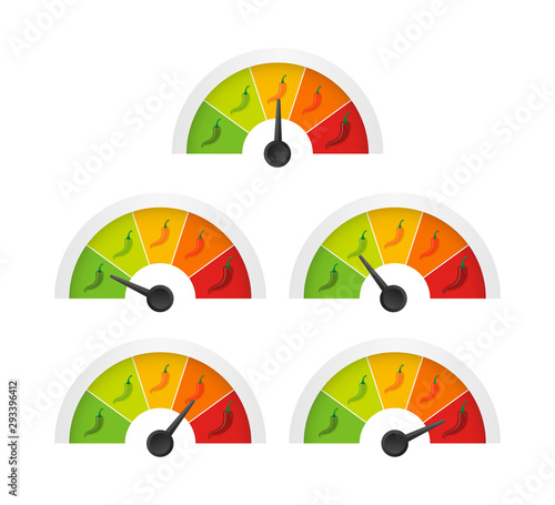 Hot red pepper strength scale indicator with mild, medium, hot and hell positions. Vector illustration.