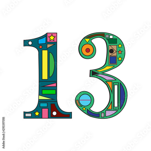 The number 13 with ethnic ornaments art