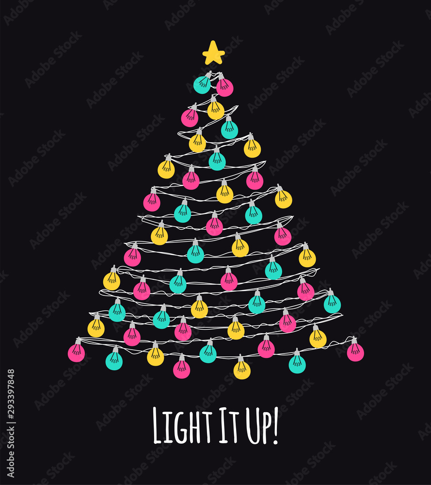 Cute Scandinavian Christmas design with hand drawn light bulb garlands on dark backround Cute Scandinavian Christmas design with hand drawn light bulb garlands on dark backround