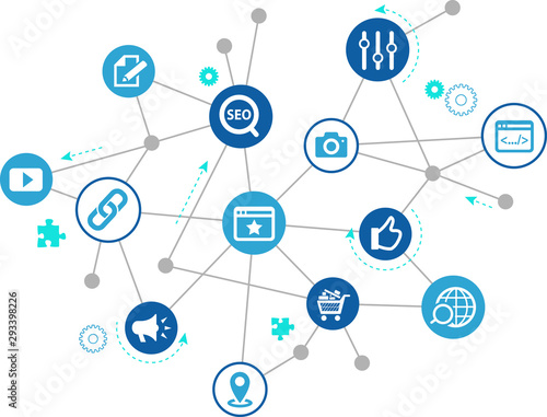 SEO icon concept: search engine optimization / analytics / online marketing – vector illustration