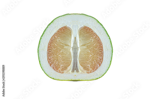 Pomelo cut in half lengthways isolated on white background. Pomelo is a plant in the same family as oranges with thick dimpled skin. Has a sweet and sour taste. Rich in vitamin C. 