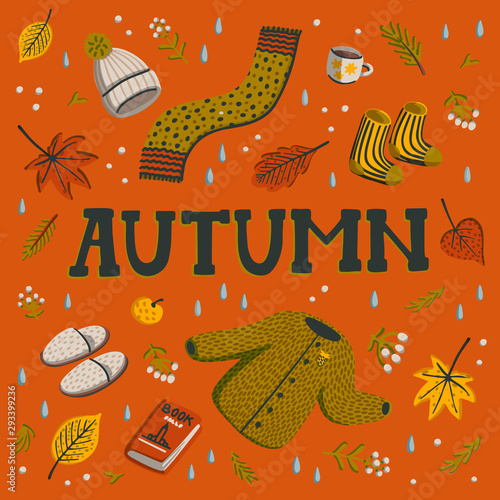 Hello autumn. Collection of fall season elements. Autumn greeting card with cozy home items for autumn season. Flat style hand drawn vector illustration