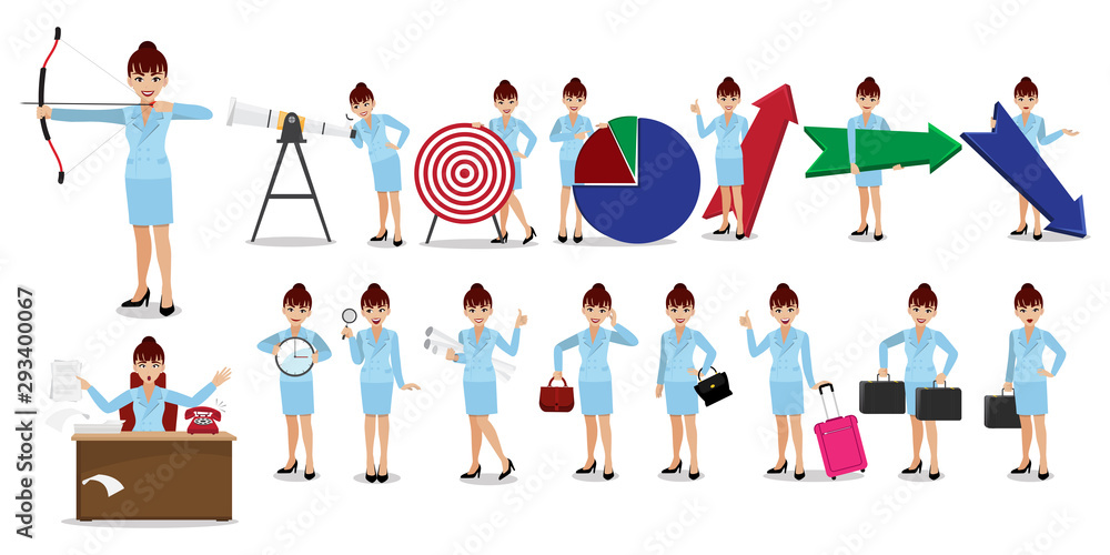 Businesswoman cartoon character set. Beautiful business woman in blue color suit on white background. Vector illustration Businesswoman cartoon character set. Beautiful business woman in blue color suit on white background. Vector illustration