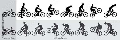 Fototapeta Naklejka Na Ścianę i Meble -  Vector set of cyclist silhouettes. A man rides a mountain bike with a backpack and in a helmet. The guy on the bike does tricks. Freestyle. The tourist goes down or goes up. Graphic Design Elements