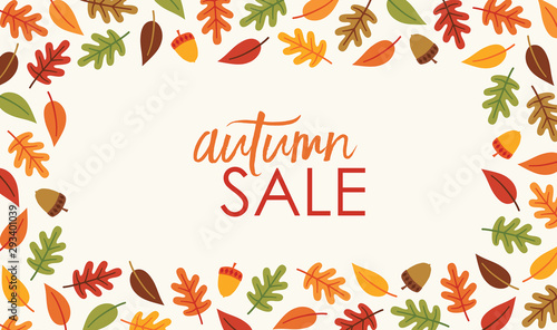 Vector advertising flyer with autumn leaves and acorns in orange, brown and yellow on cream background. Autumn Sale template with copy space for marketing, social media, web banner, thanksgiving.