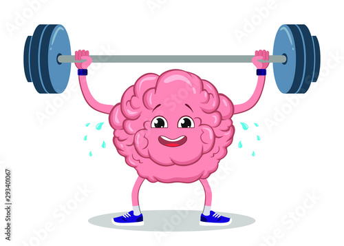 Brain power. Brain exercise. Cartoon brain character lifting dumbbells. Education concept. Vector illustration in flat style.