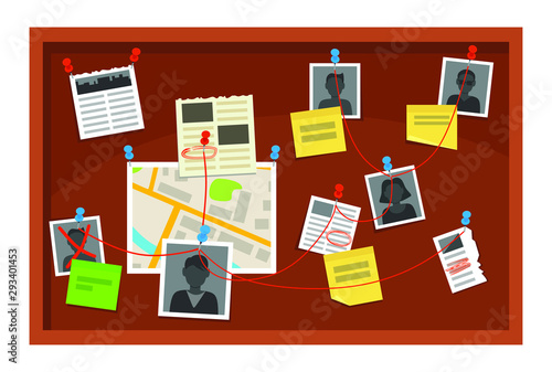 Detective board. Crime evidence connections chart, pinned newspaper and police photos. Investigation evidences, police investigators law evidence board, detectives research scheme vector illustration