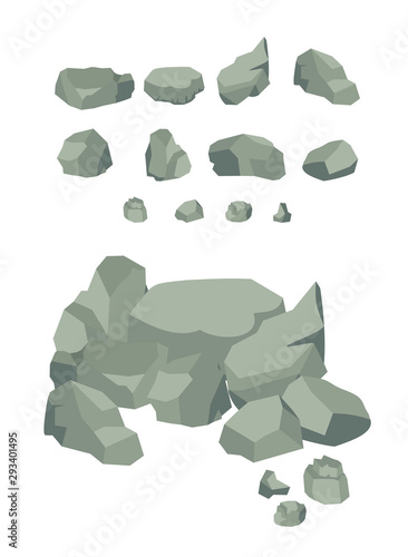 Stones and rocks in isometric 3d flat style. Set cartoon. Set of different boulders