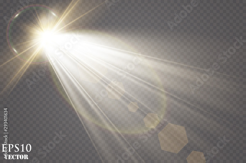 Sunlight on a transparent background. Glow light effects.Star flashed sequins. Sun glare on transparent background. the lens sparkles.Vector transparent sunlight special lens flare light effect.