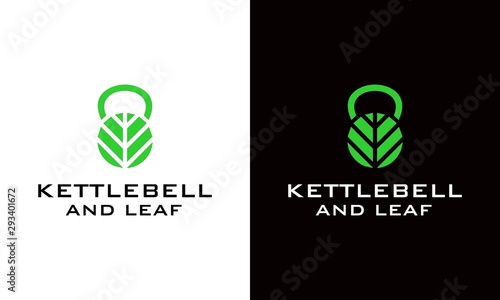 Strong and clean logo design of kettlebell and leaf with green and black background color - EPS10 - Vector.