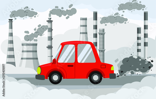 Car air pollution. City road smog, factories smoke and industrial carbon dioxide clouds. Vehicle toxic pollution, polluted air or environment car waste hazard cartoon vector illustration.