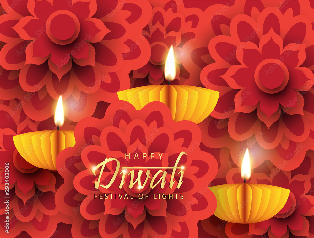 Diwali festival holiday design. Beautiful Indian Flower Paper with Diya Oil Lamp Design. The Festival of Lights. Diwali festival holiday design. Beautiful Indian Flower Paper with Diya Oil Lamp Design. The Festival of Lights.