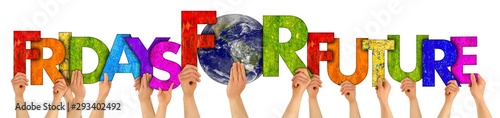 activist people holding up colorful wooden letter forming words fridays for future and earth globe isolated white background. climate change global warming renewable energy concept