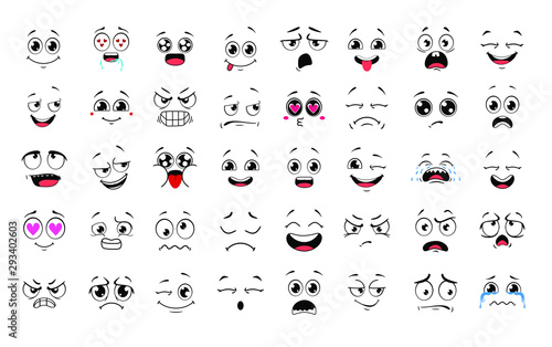 Cartoon faces. Set of Emoticons. Emoji. Smile icons. Isolated vector illustration on white background
