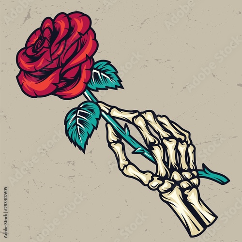 Colorful skeleton hand holding beautiful rose