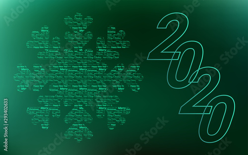 Christmas green background with snowflake made of font texture and number 2020. Editable vector illustration for greeting card, banner, flyer, cover, New Year and Christmas design.