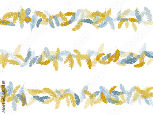 Fluffy twirled feathers on white design.