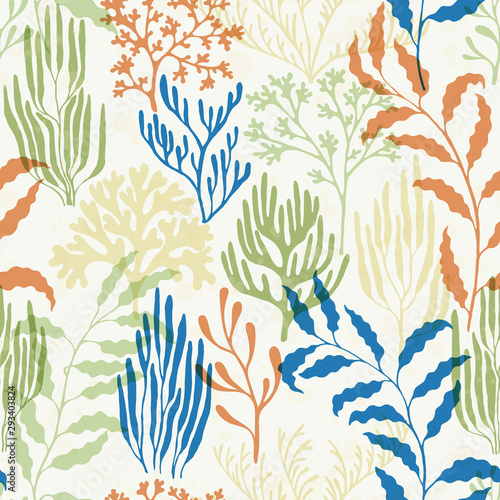 Coral reef seamless pattern., Tropical coral reef bush silhouette elements.
