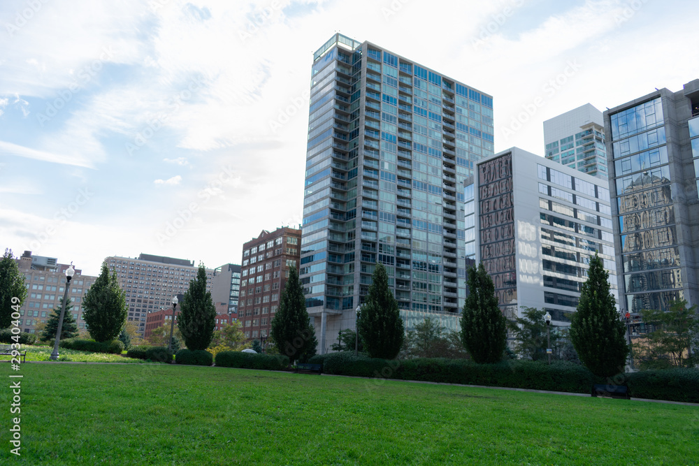 Skyscrapers seen from a Park in Downtown Chicago