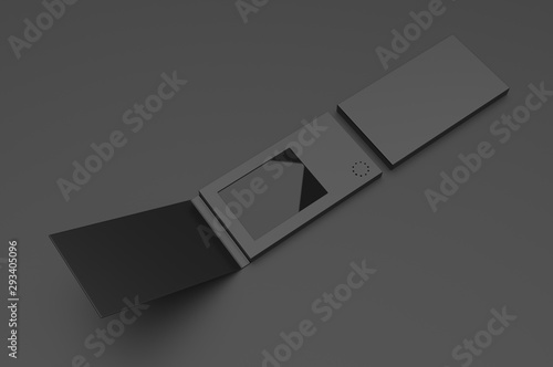 Blank LCD Video Mailer Card And Brochure For branding. 3d render illustration.