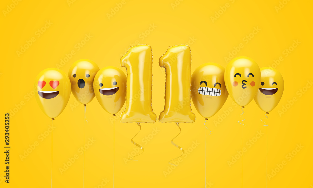 Number 11 yellow birthday emoji faces balloons. 3D Render Stock ...
