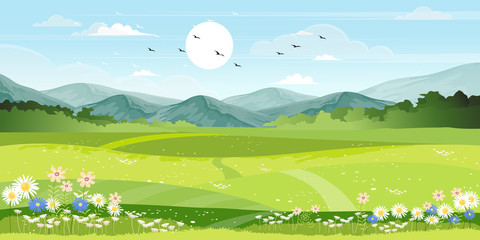 Rollo Kinderzimmer Panoramablick auf das Frühlingsdorf mit grüner Wiese auf Hügeln mit blauem Himmel, Vektorkarikatur-Frühlings- oder Sommerlandschaft, Panoramalandschaftsberge mit wilden Blumenfeldern  © Anchalee