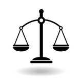 Black justice scales icon. Law balance symbol. Libra in simple flat design. Vector illustration on white background