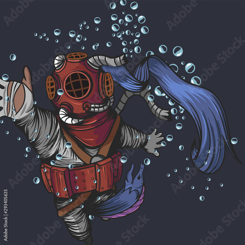 Old diver suit with eel monster eating the diver on the deep sea
