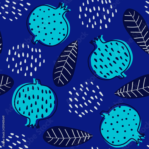 Abstract seamless pattern with stylized cartoon garnets. Design with colorful garnets and leafs, vector. Seamless texture in blue colors