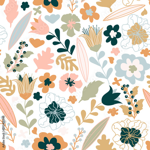 Seamless pattern with colorful pretty flowers, leaves and floral elements. Floral colorful design for baby products, fabric, wallpaper, toys and more	