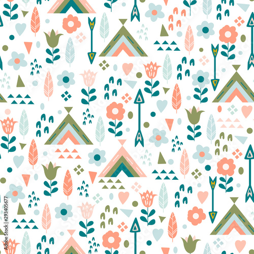 Cute seamless pattern for kids, vector. Texture with cute graphic elements: flowers, wigwams, arrows and feathers. Vector illustration in pastel colors