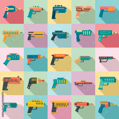 Blaster icons set. Flat set of blaster vector icons for web design