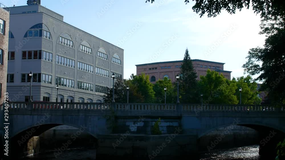 Video of Kenduskeag River water flowing under bridge archways with