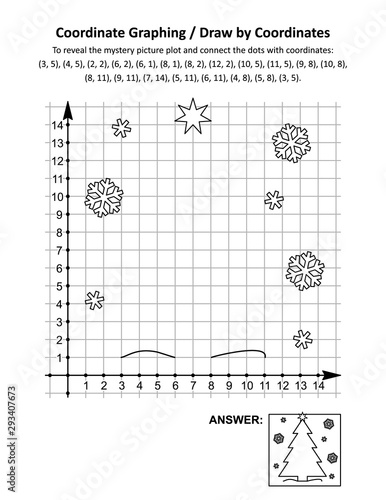 Coordinate graphing, or draw by coordinates, math worksheet with christmas tree: To reveal the mystery picture plot and connect the dots with given coordinates. Answer included.