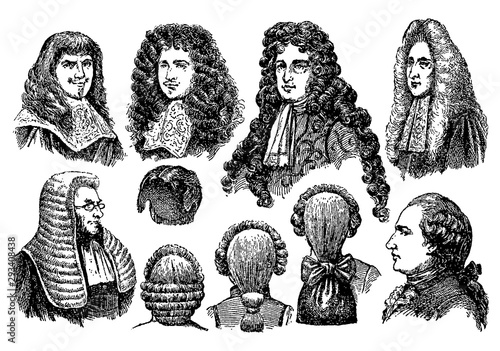 Vintage engraving of men earing wigs photo