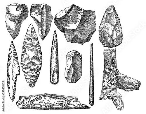 Vintage engraving set of prehistoric stone items