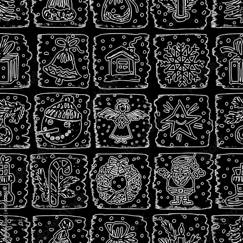 Seamless background of set of outlines christmas symbols