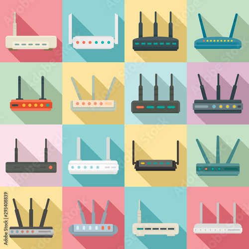 Router icons set. Flat set of router vector icons for web design